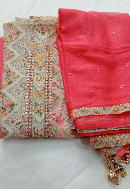 Unstitched Beige & Pink Cotton Printed Suit with Embroidery