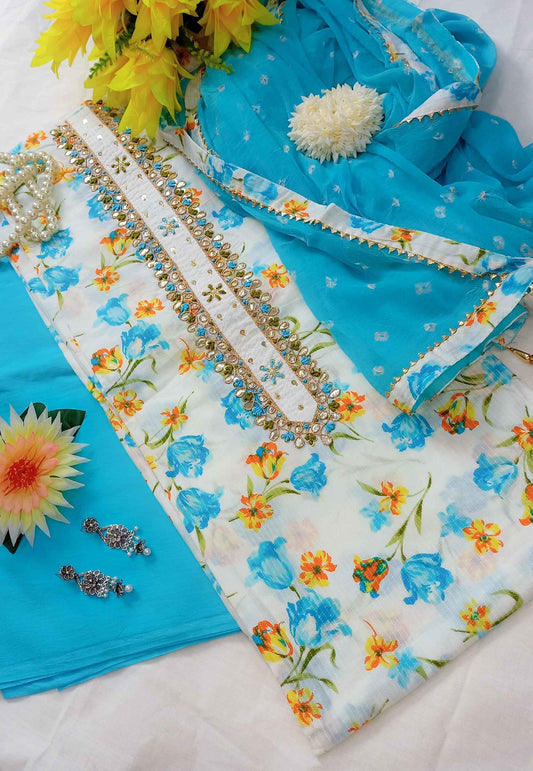 Unstitched White & Blue Printed Cotton Suit with Embroidery