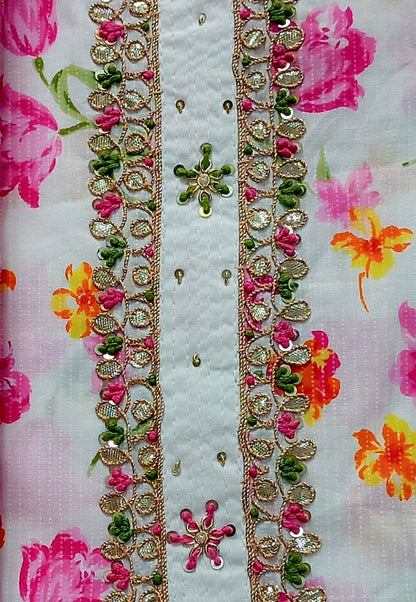 Unstitched White and Pink Printed Cotton Suit with Embroidery