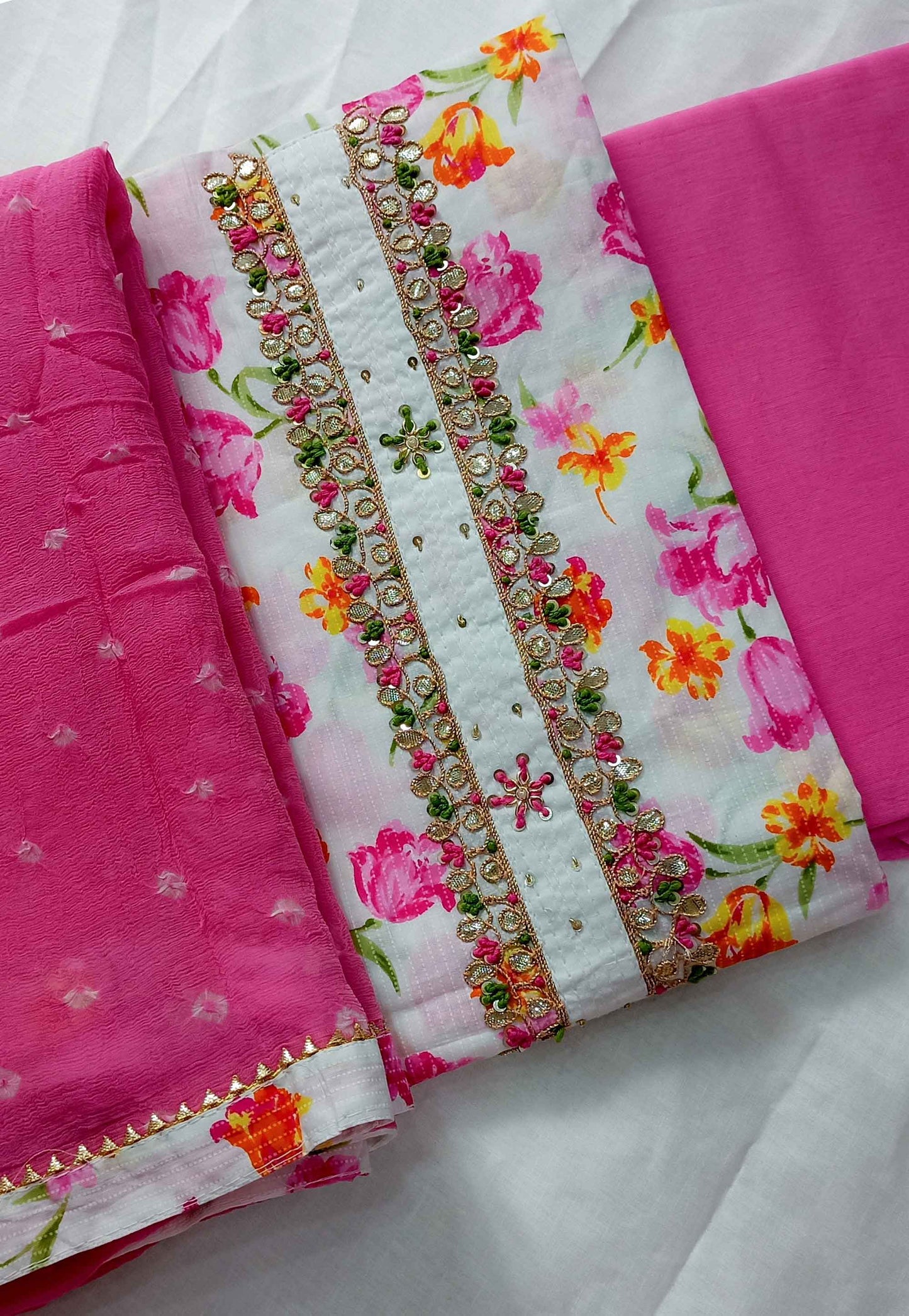 Unstitched White and Pink Printed Cotton Suit with Embroidery