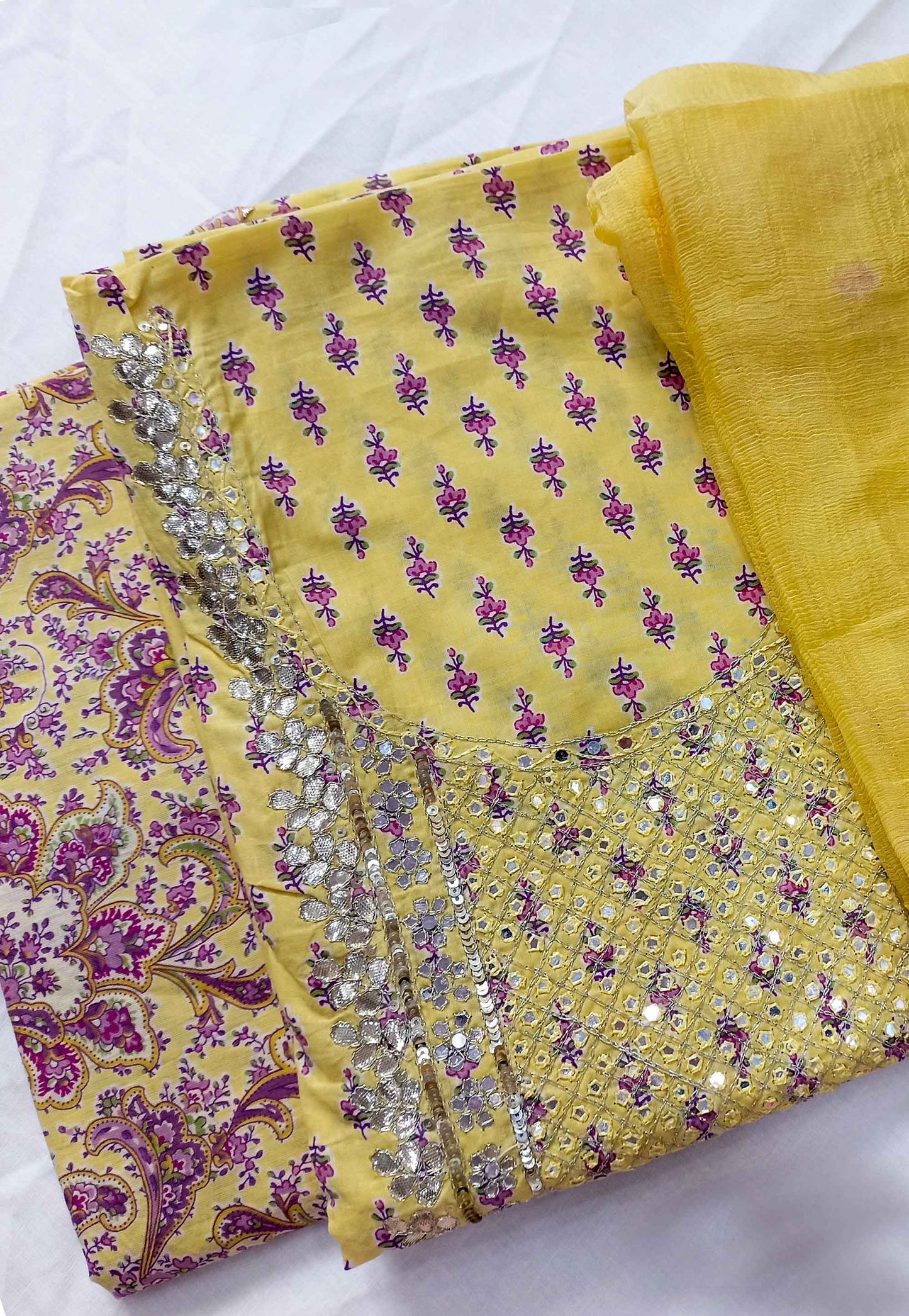 Unstitched Yellow Cotton Embroidered Suit with Block Print