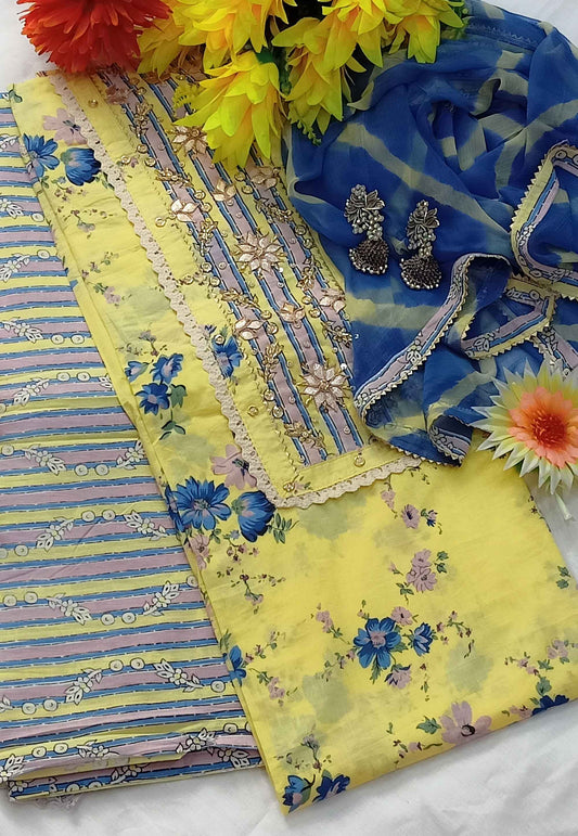 Unstitched Yellow Printed Cotton Suit with Embroidery