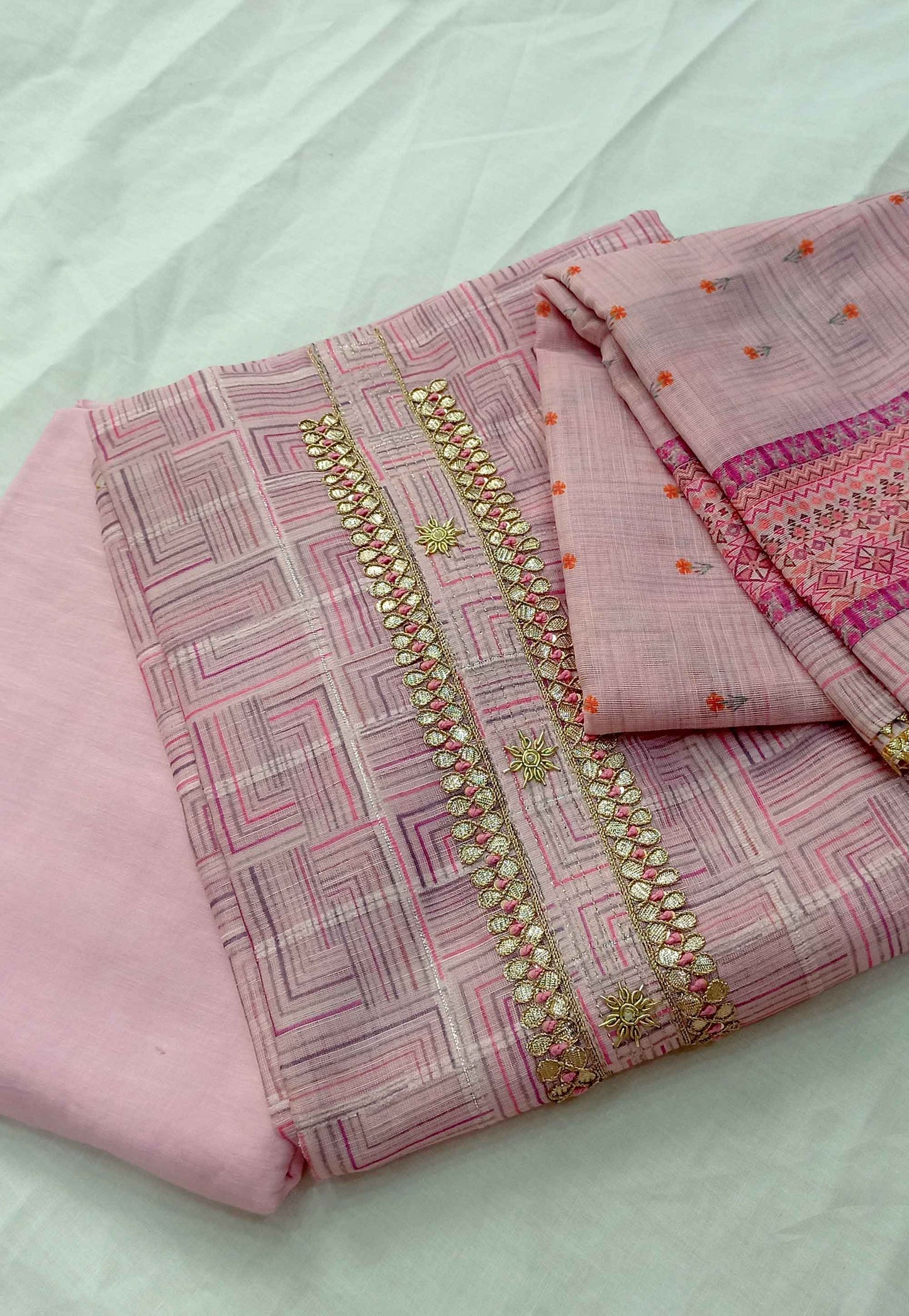 Unstitched Pink Cotton Printed Suit with Embroidery