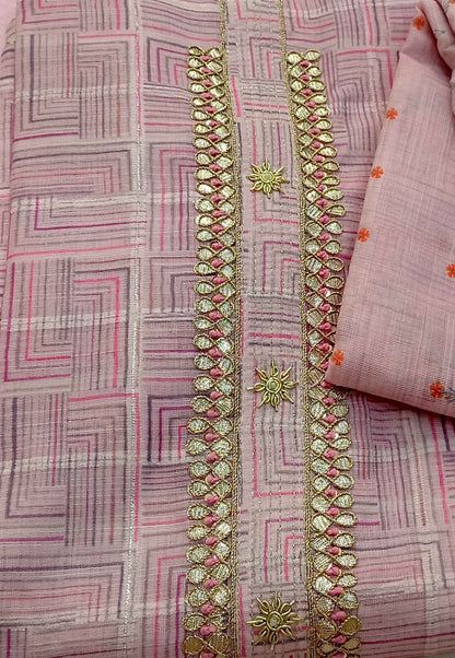 Unstitched Pink Cotton Printed Suit with Embroidery