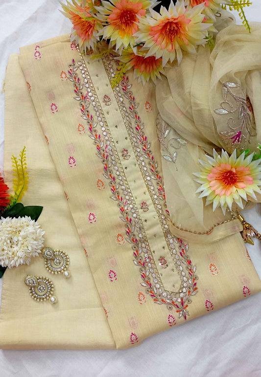 Unstitched Beige Cotton Suit Woven with Embroidery