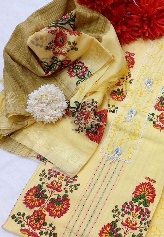 Unstitched Yellow Cotton Block Printed Suit