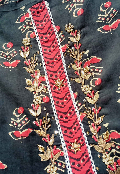 Unstitched Black & Red Cotton Embroidered Suit with Print