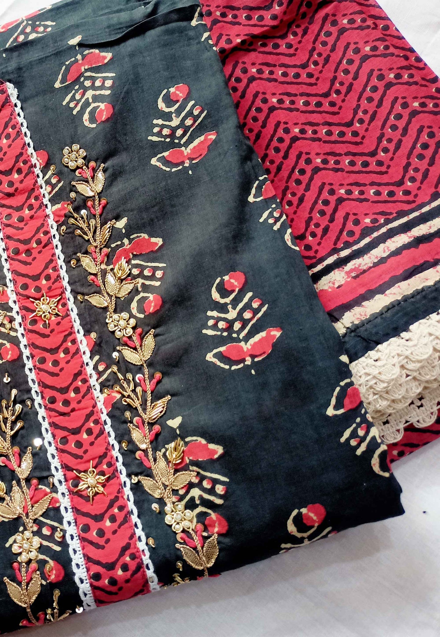 Unstitched Black & Red Cotton Embroidered Suit with Print