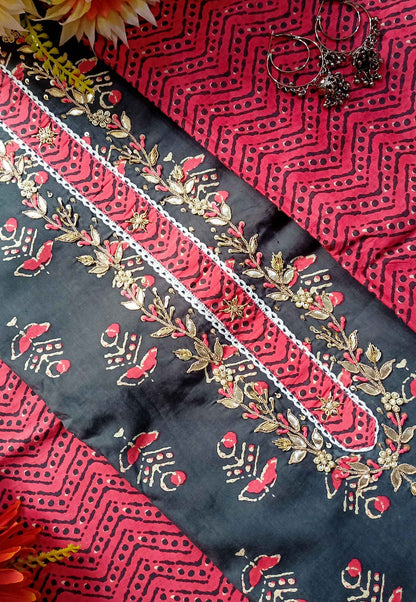 Unstitched Black & Red Cotton Embroidered Suit with Print