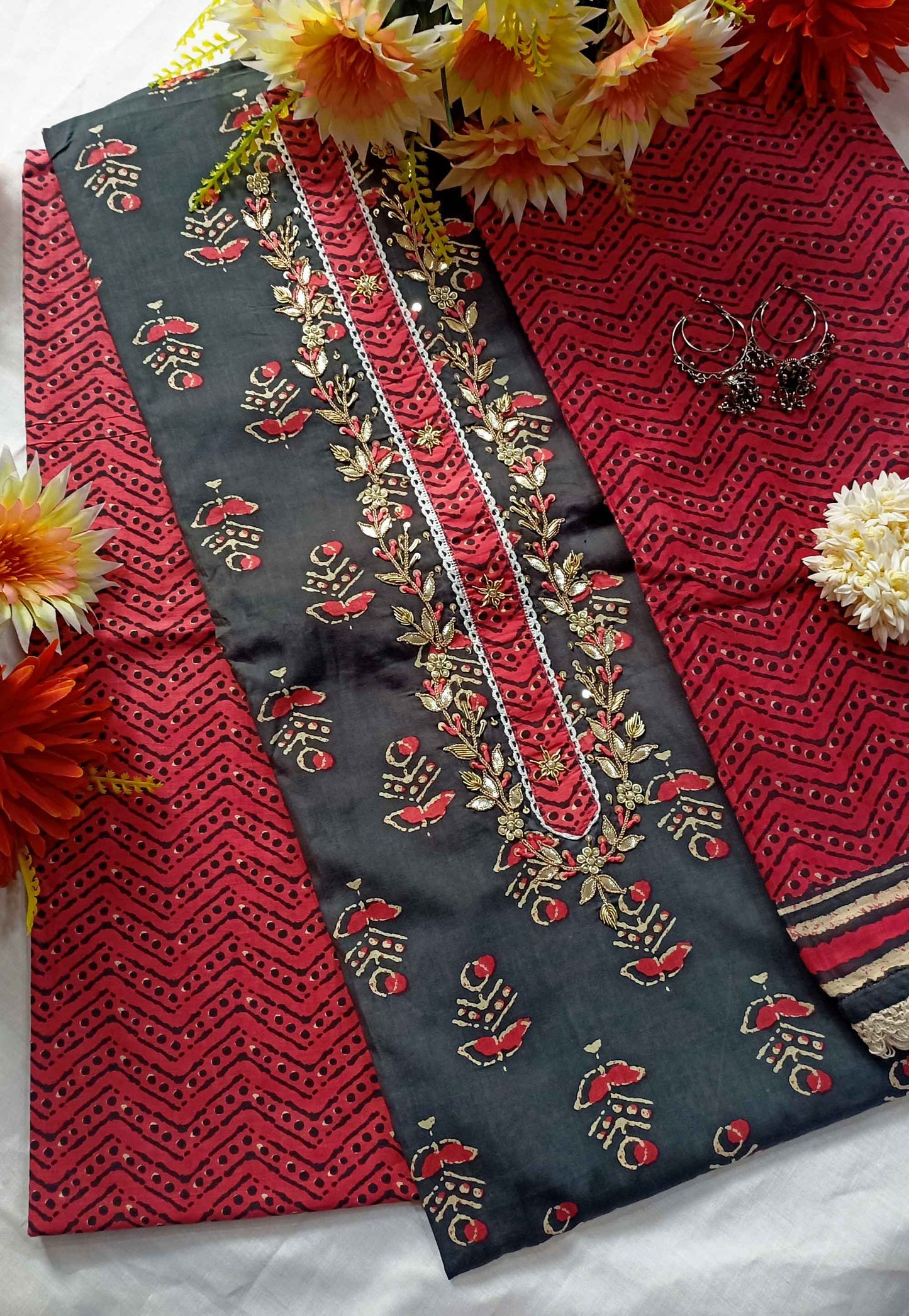 Unstitched Black & Red Cotton Embroidered Suit with Print