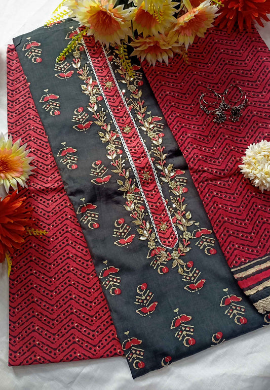 Unstitched Black & Red Cotton Embroidered Suit with Print
