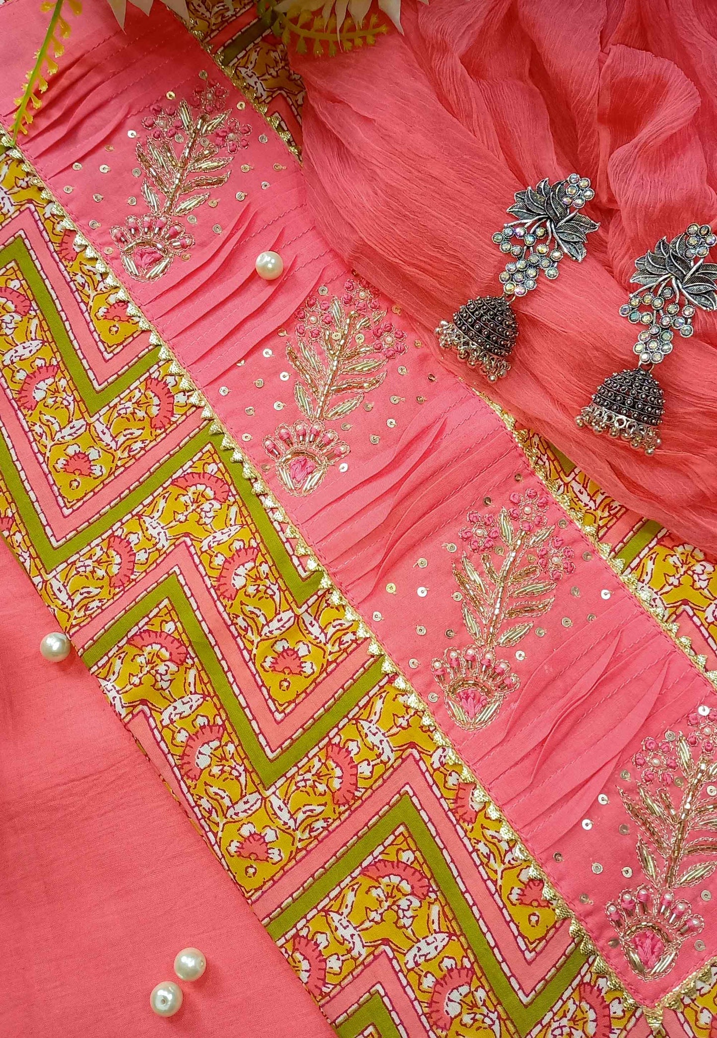 Unstitched Printed Pink & Green Cotton Printed Suit with Embroidery