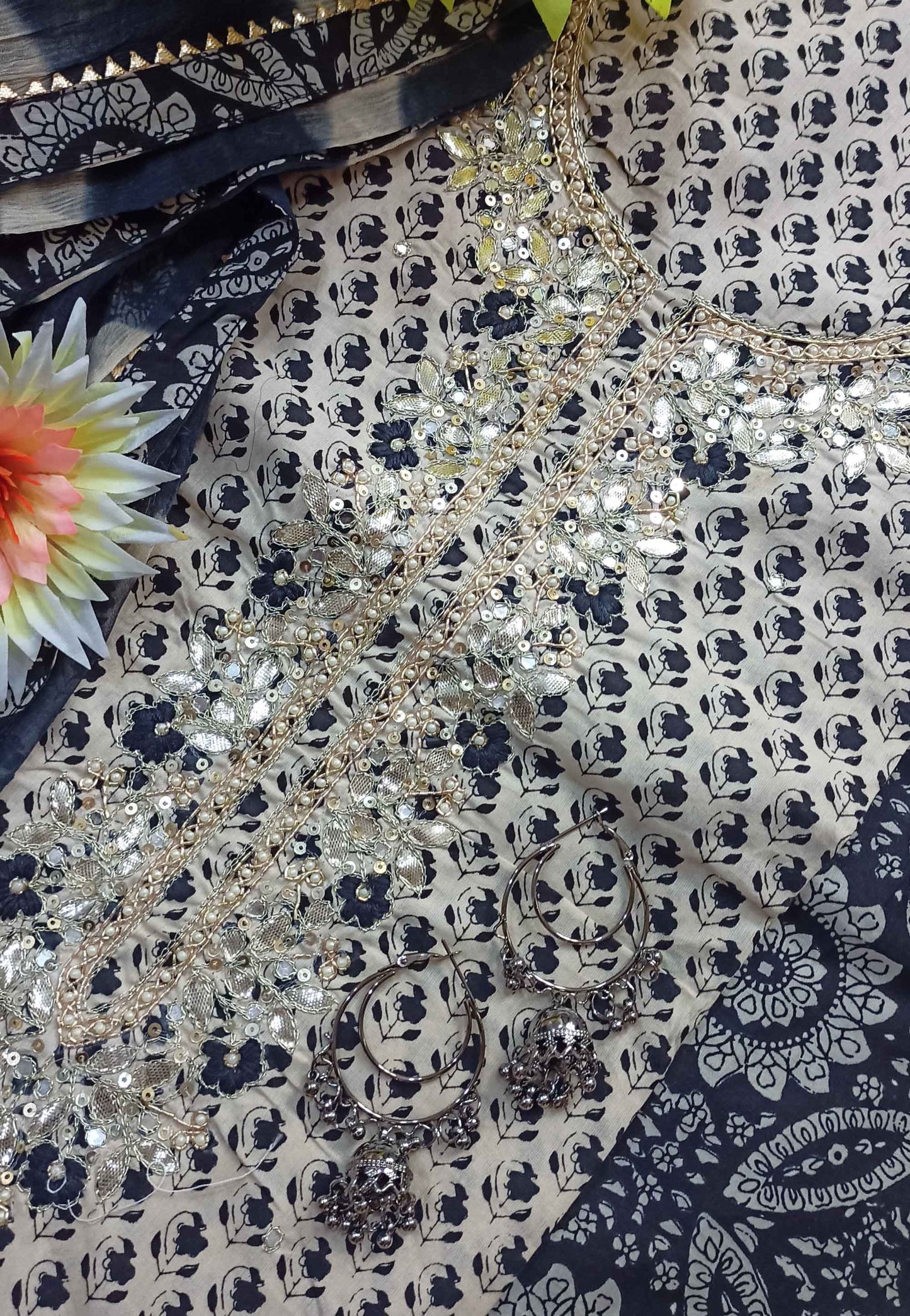 Unstitched Beige & Black Cotton Embroidered Suit with Print