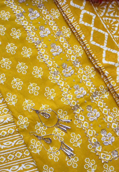 Unstitched Mustard Printed Cotton Suit with Embroidery