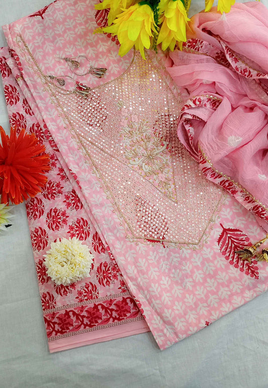 Unstitched Pink Cotton Embroidered Suit
