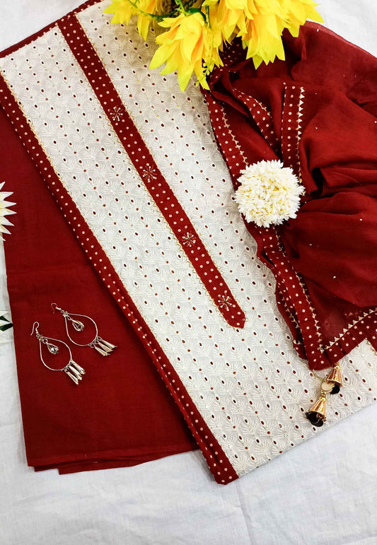 Unstitched Maroon Cotton Embroidered Suit