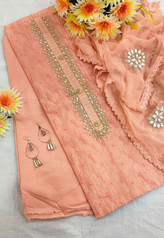 Unstitched Peach Cotton Embroidered Suit