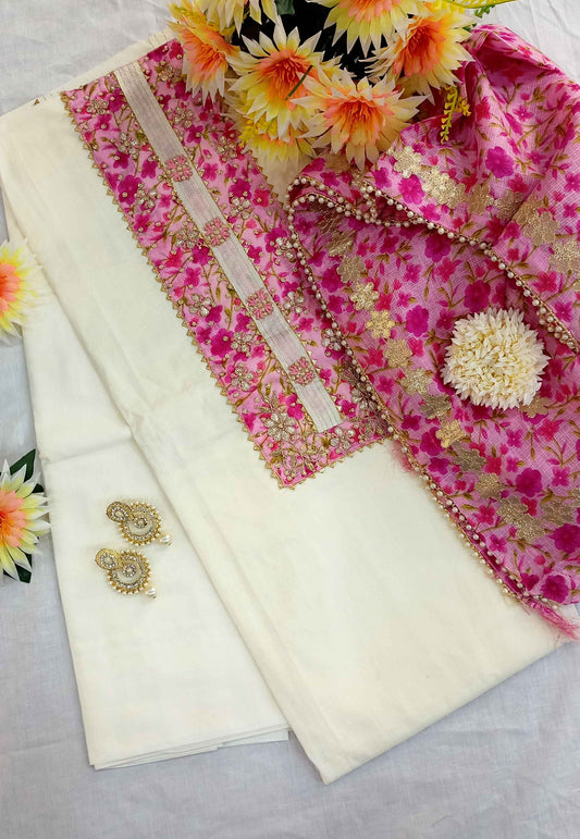 Unstitched Cream Cotton Embroidered Suit
