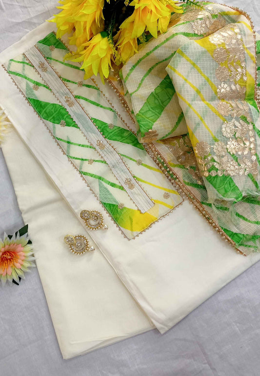 Unstitched Cream Cotton Embroidered Suit