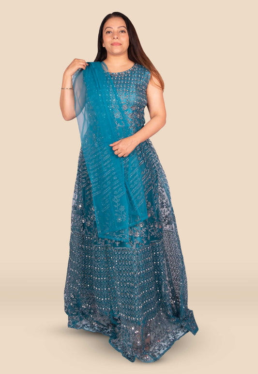 Mystical Midnight Blue Net Gown with Intricate Thread and Mirror Embroidery