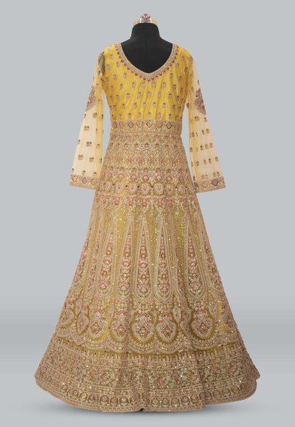 Embroidered Anarkali Net Gown with Dupatta in Yellow