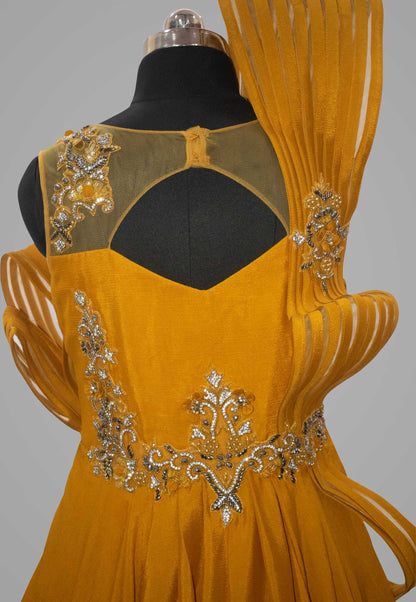 Hand Embroidered Chiffon Flared Gown in Mustard