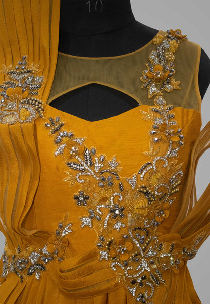 Hand Embroidered Mustard Dream Chiffon Gown