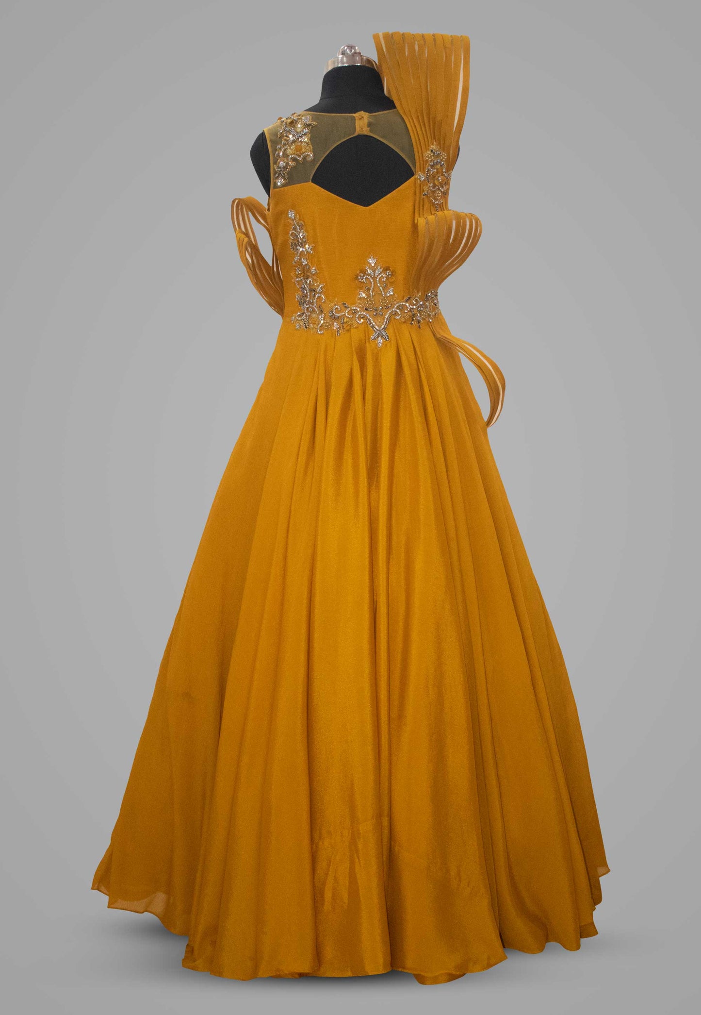 Hand Embroidered Chiffon Flared Gown in Mustard