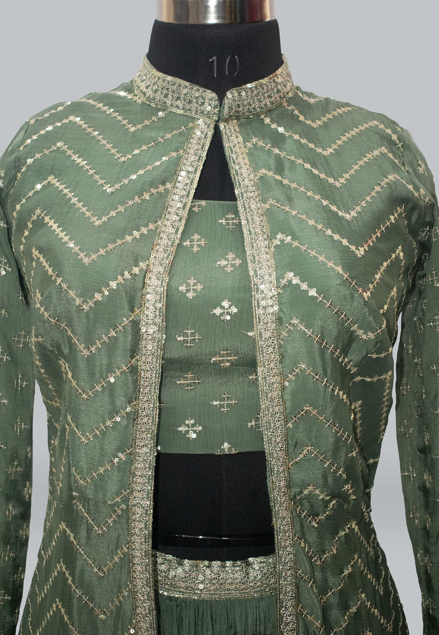 Green Crepe Chiffon Co-ord Set with Zari and Sequin Embroidered Geometric Jacket