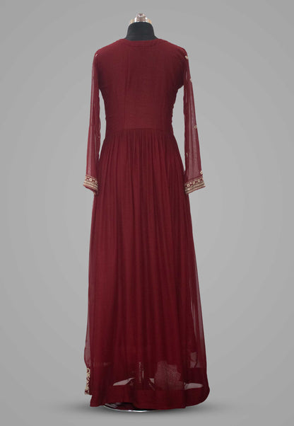 Embroidered Maroon Georgette Gown with Dupatta