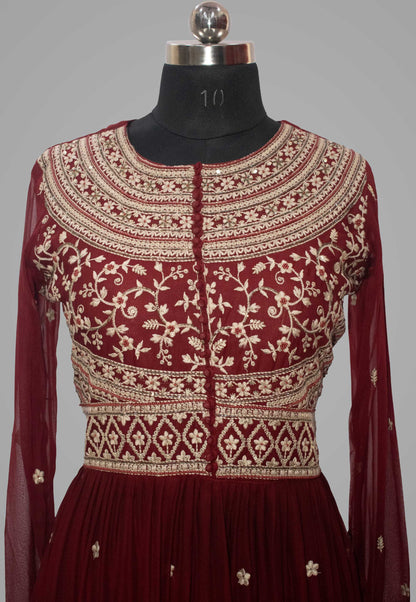Embroidered Maroon Georgette Gown with Dupatta