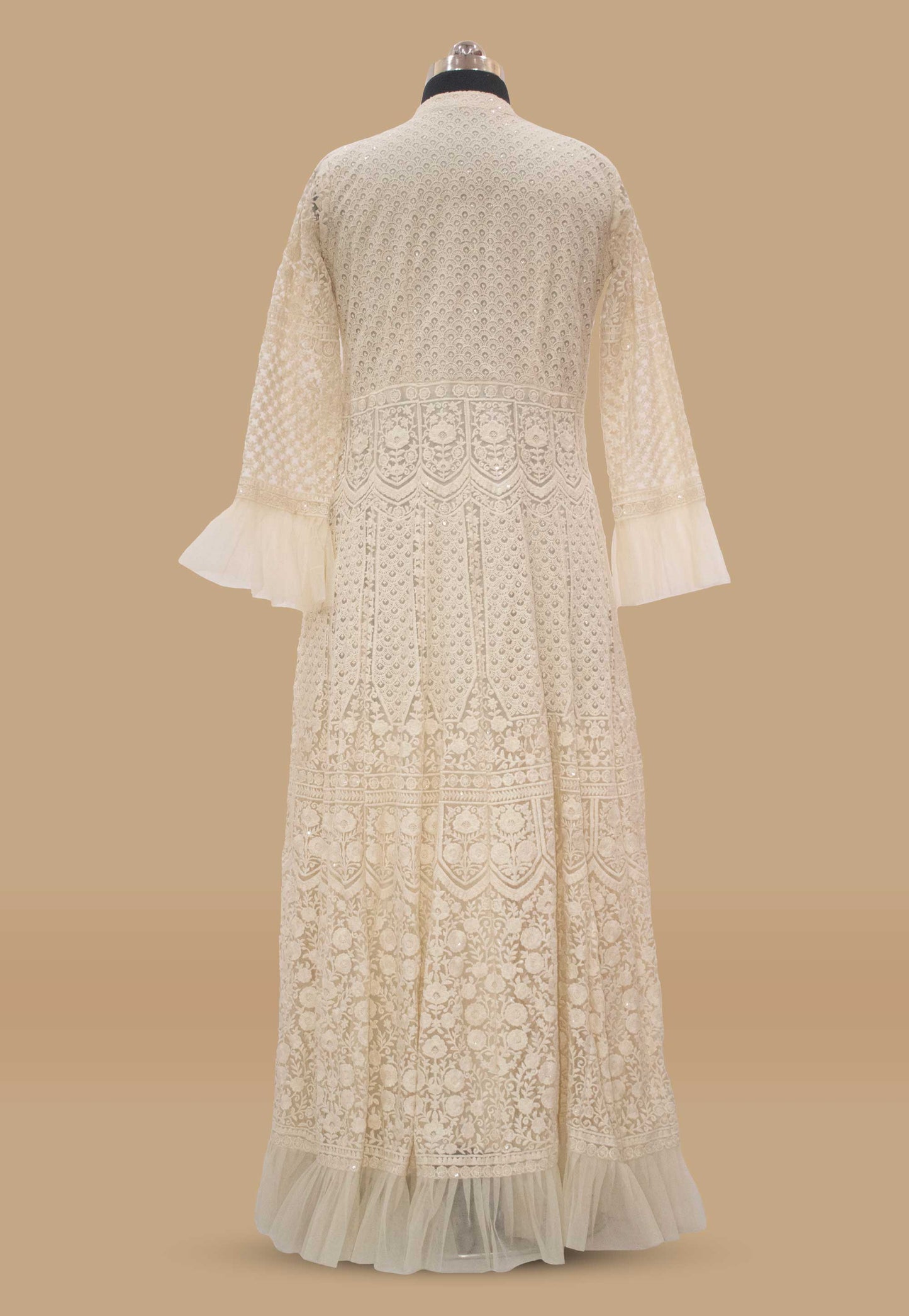 Embroidered Net Flared Gown with Dupatta in Cream