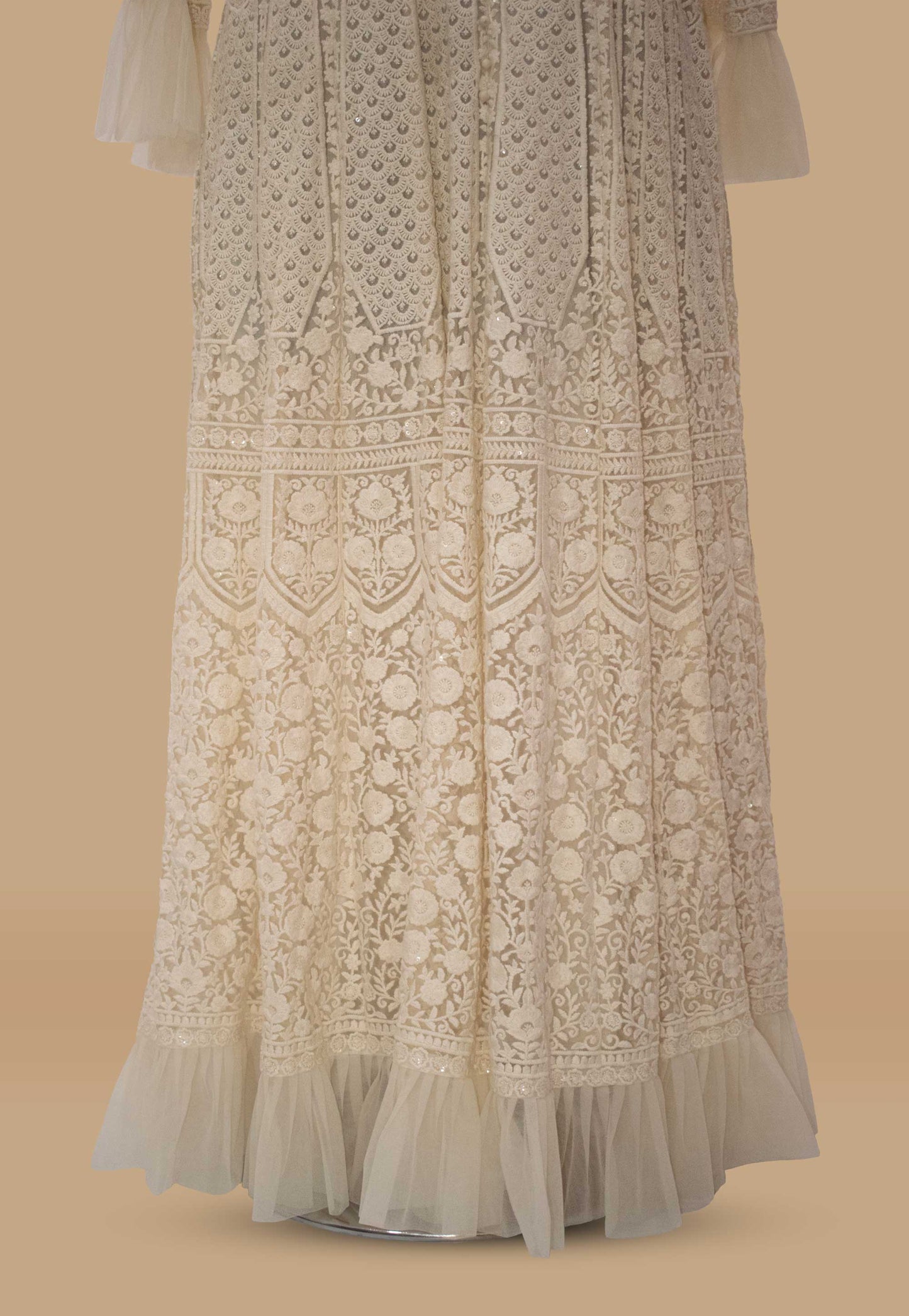 Embroidered Net Flared Gown with Dupatta in Cream