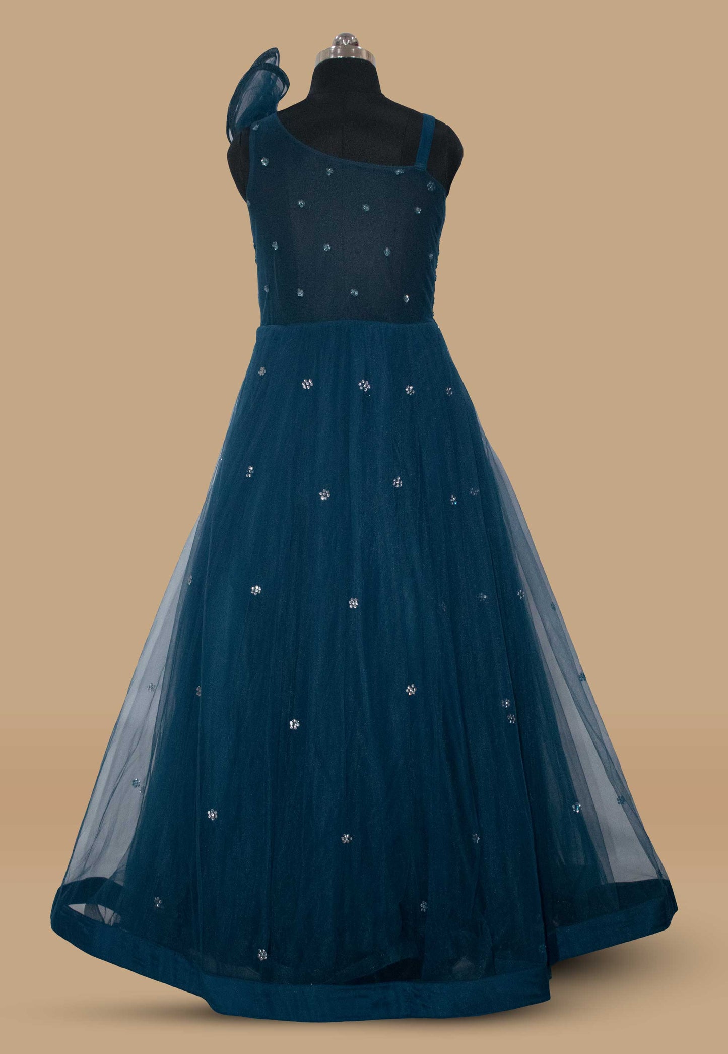 Embroidered Net Flared gown in Blue
