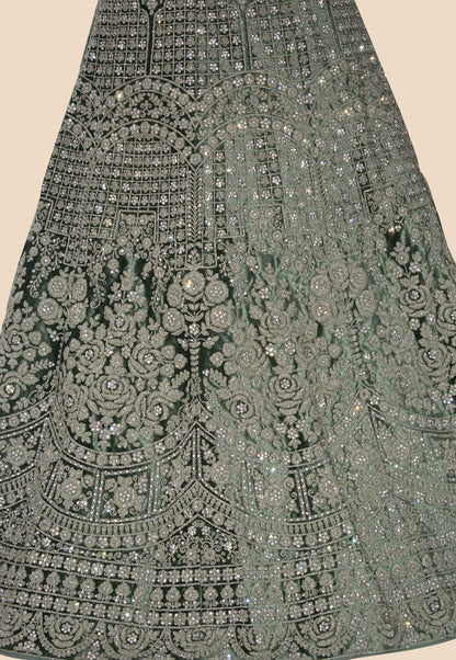 Embroidered Velvet Unstitched Lehenga in Green