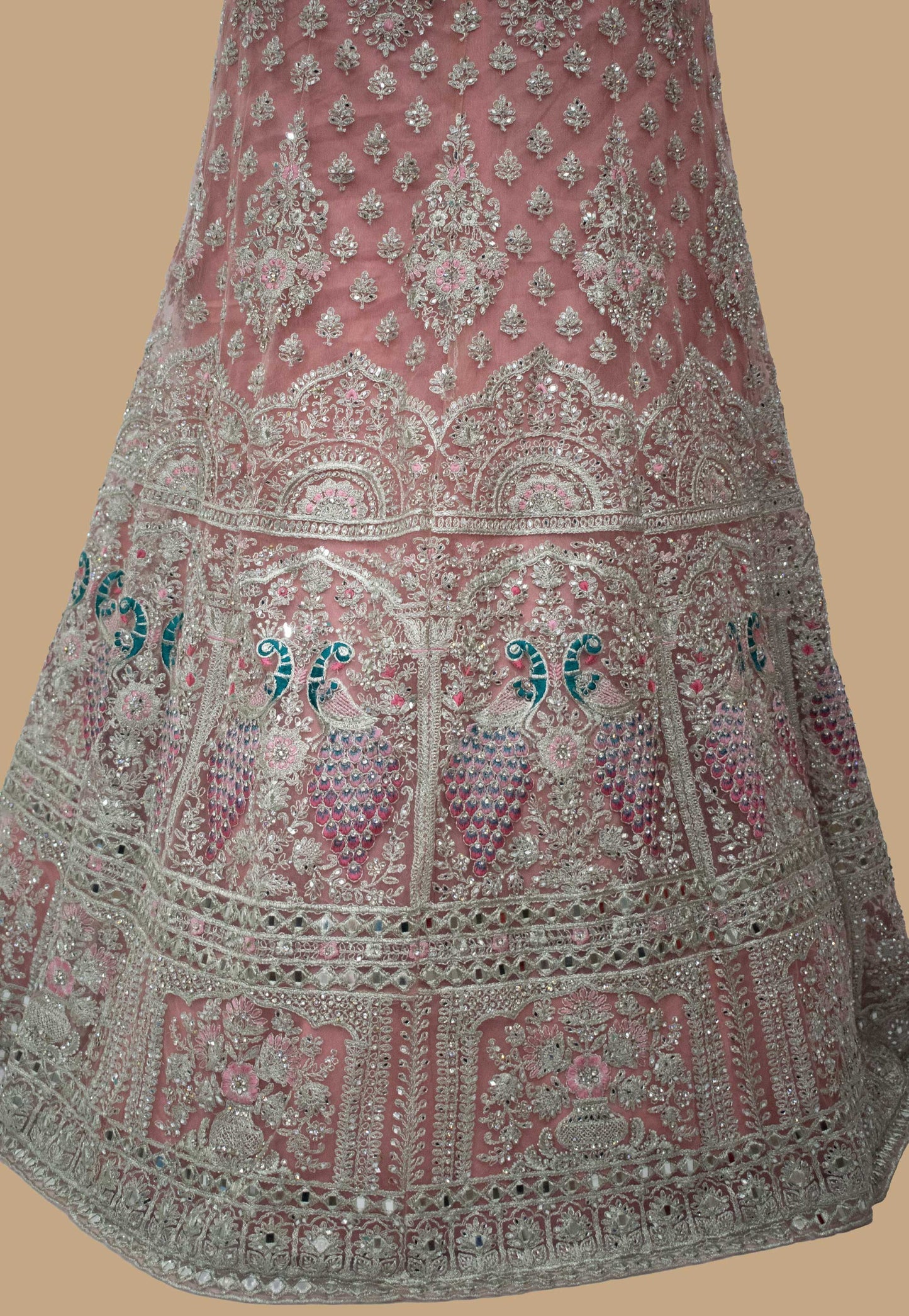 Embroidered Net Unstitched Lehenga in Pink