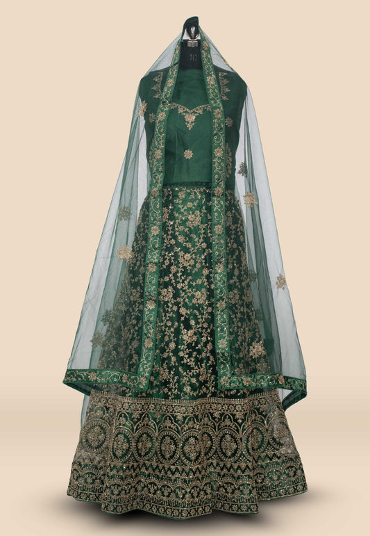 Embroidered Net Unstitched Lehenga in Green