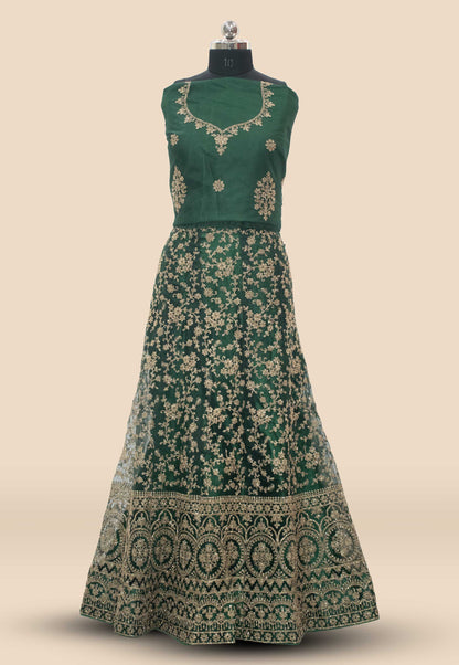 Embroidered Net Unstitched Lehenga in Green
