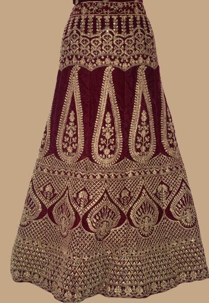 Embroidered Velvet Unstitched Lehenga in Wine