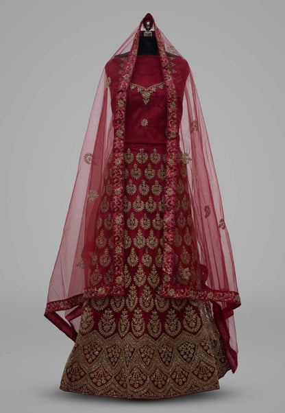 Embroidered Net Unstitched lehenga in Red