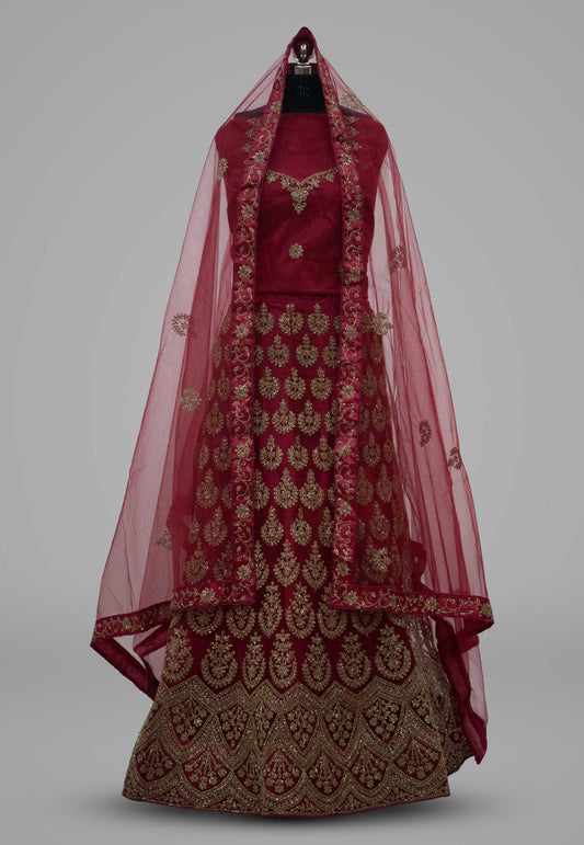 Embroidered Net Unstitched lehenga in Red