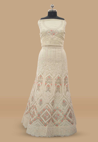 Embroidered Net Unstitched Lehenga in Cream