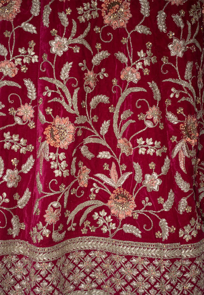 Embroidered Velvet Unstitched Lehenga in Fuchsia