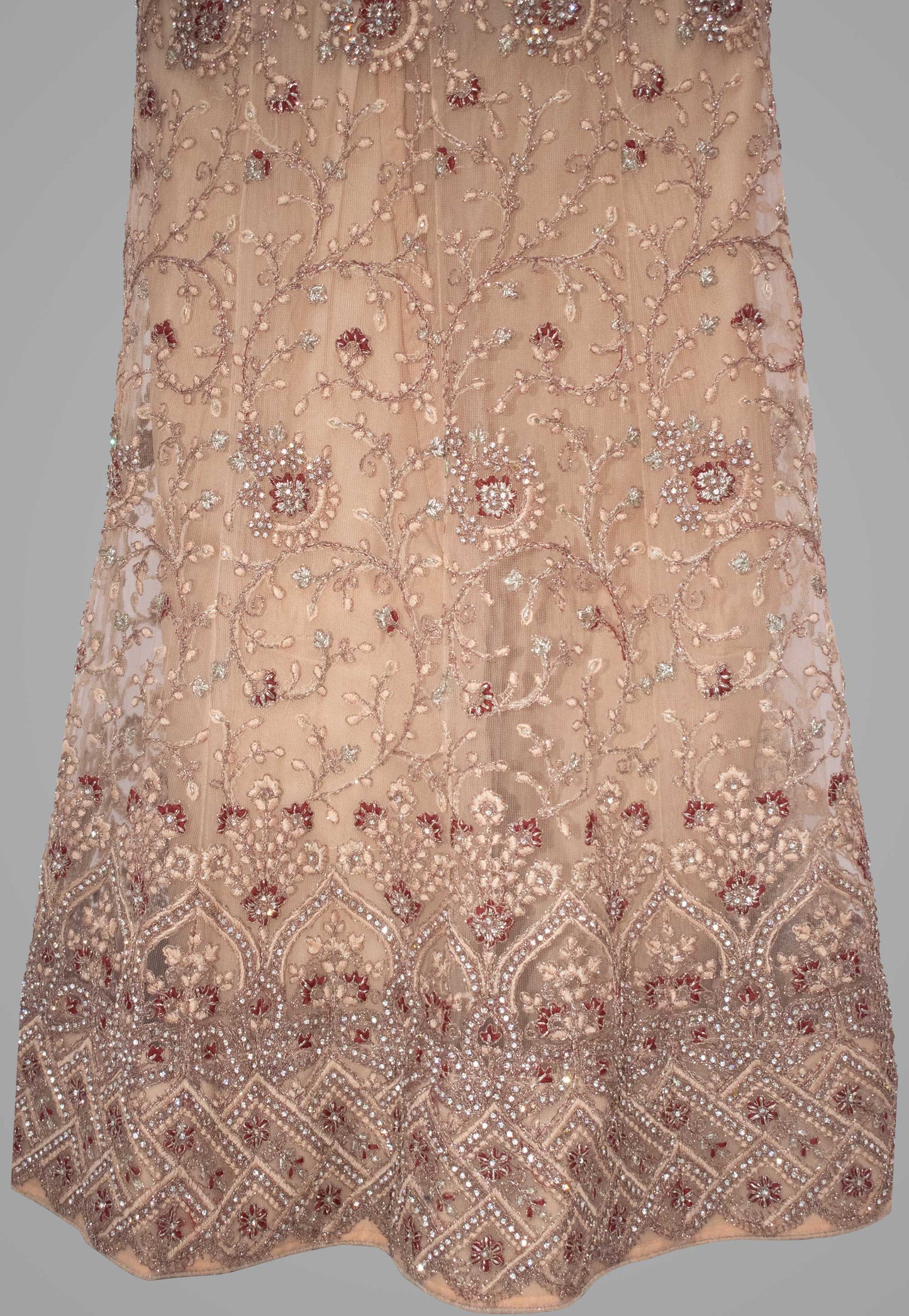Embroidered Net Unstitched Lehenga in Peach