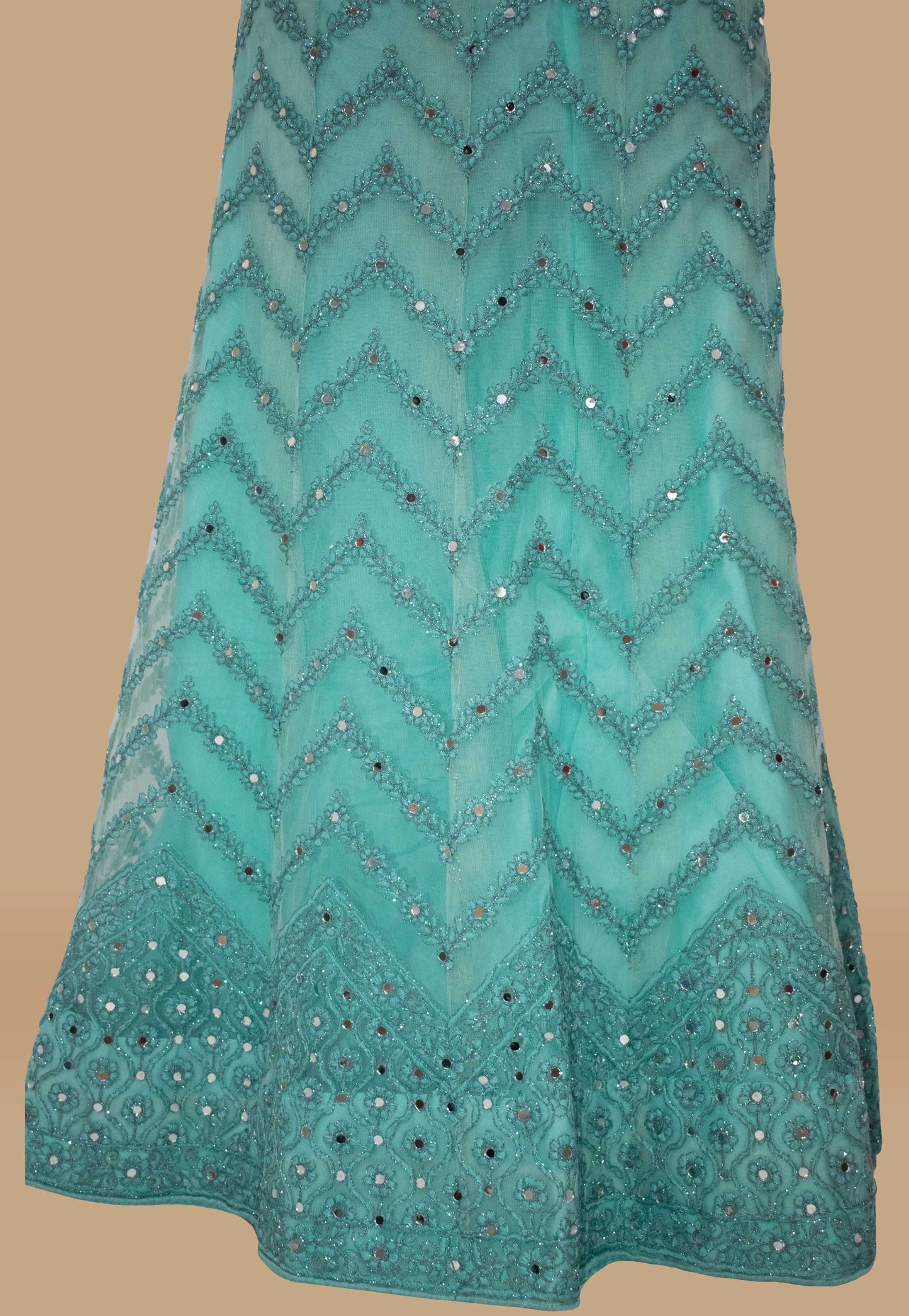 Embroidered Net Unstitched Lehenga in Turquoise