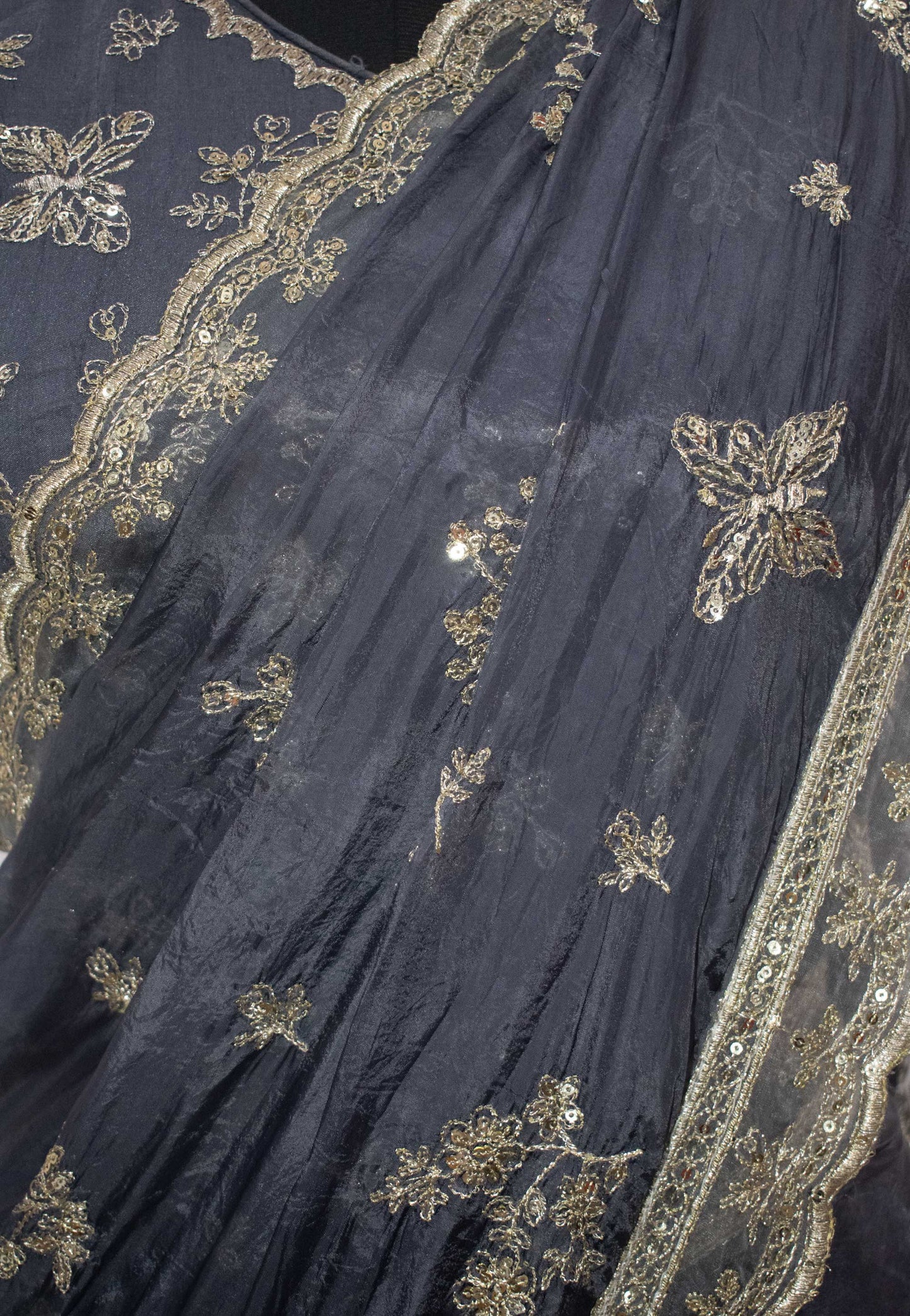 Zari Embroidered Silk Saree in Grey