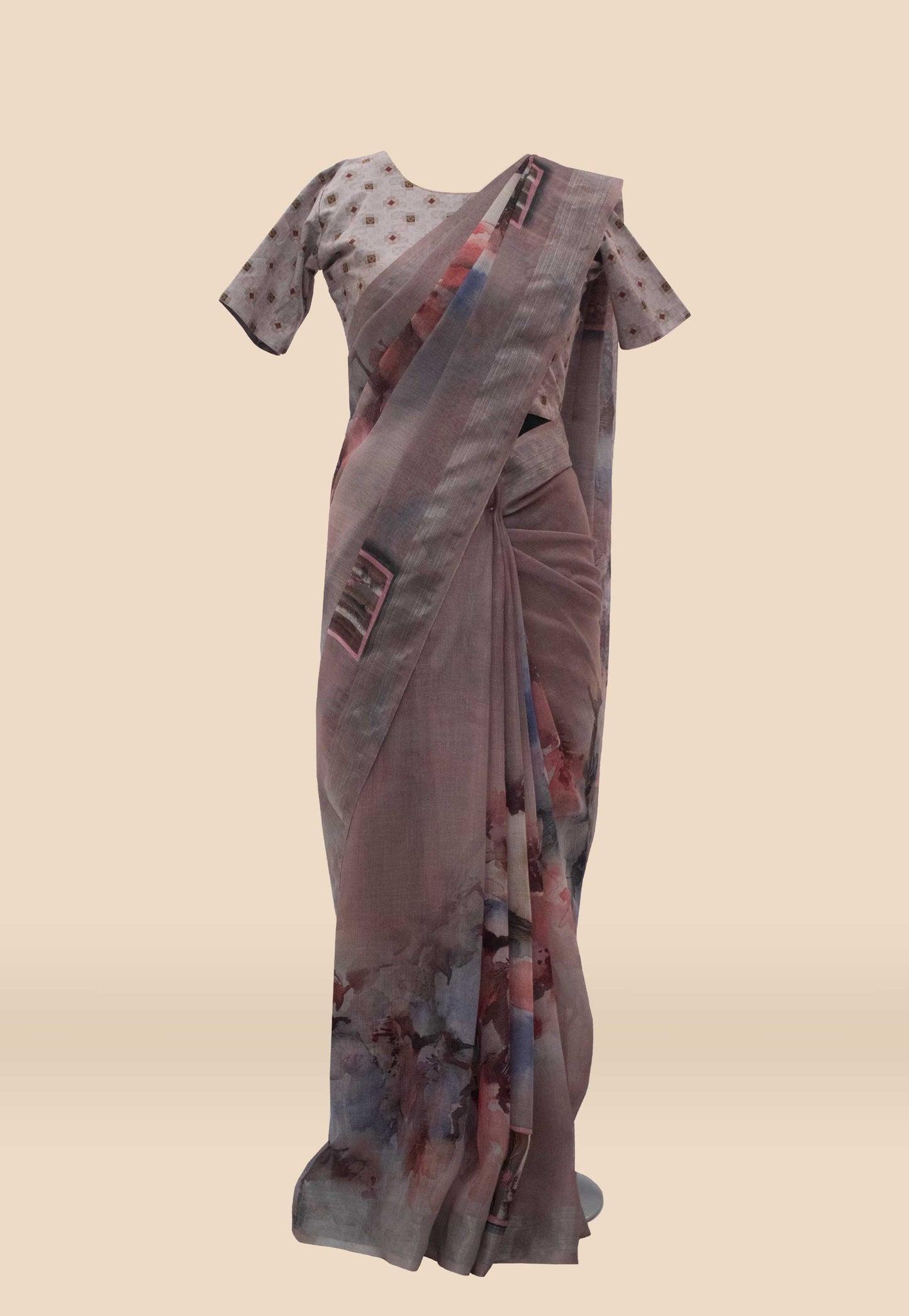 Digital Printed Linen Saree in Grey