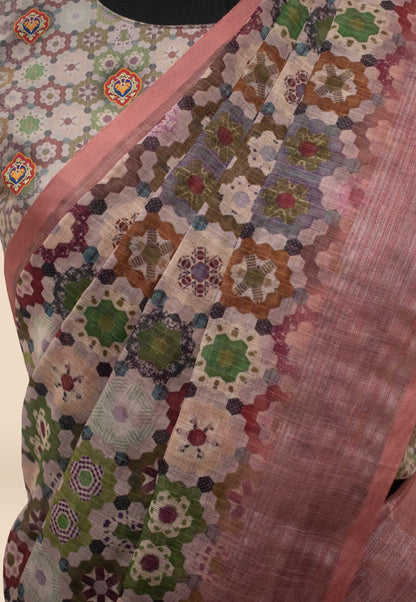 Digital Printed Linen Saree in Multicolor