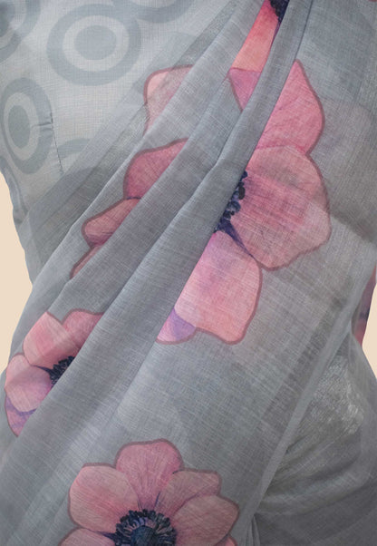 Digital Printed Linen Saree in Grey