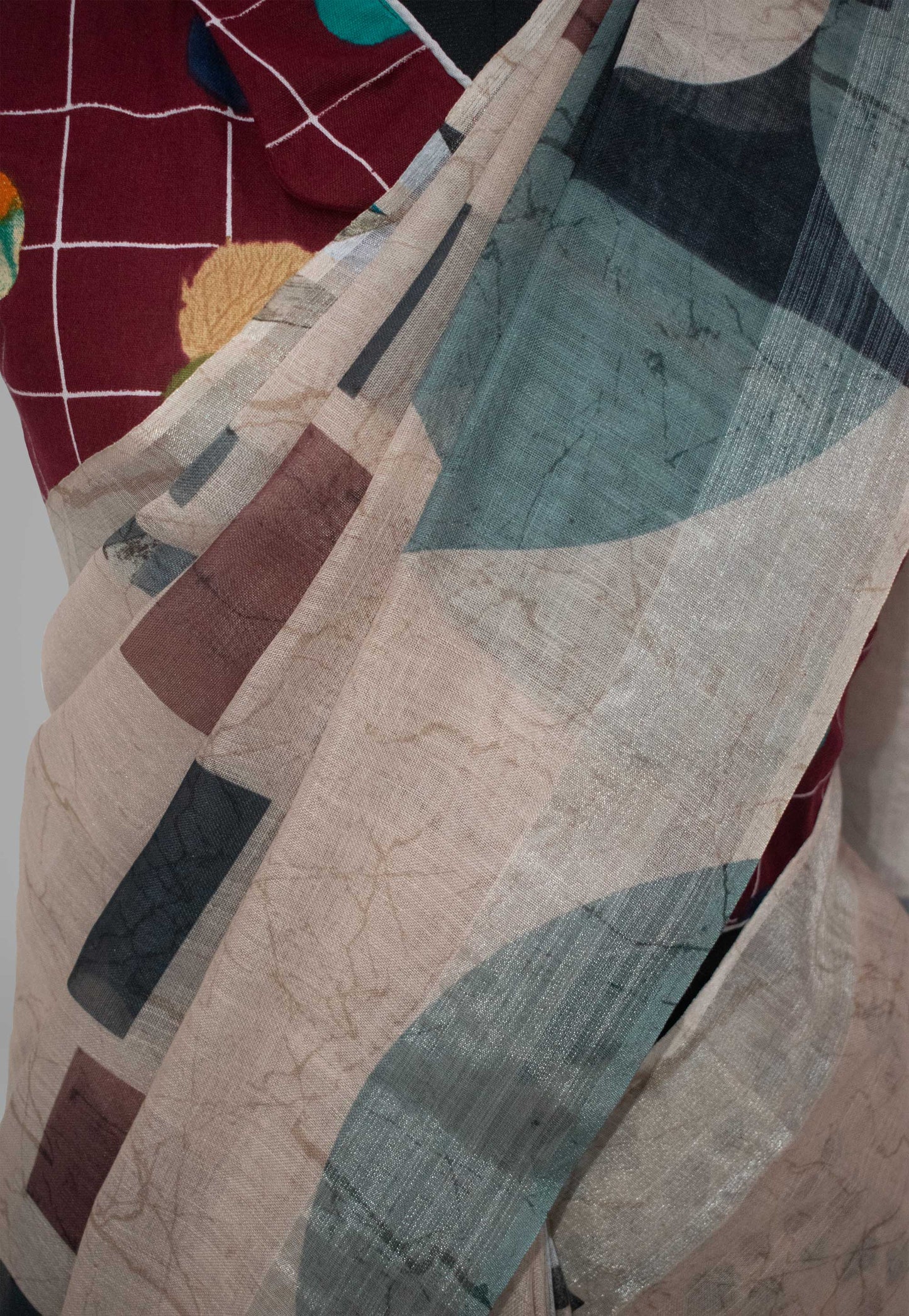 Digital Printed Linen Saree in Beige and Multi